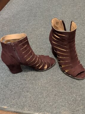Brash Strappy Cutout Block Heel Booties in Plum